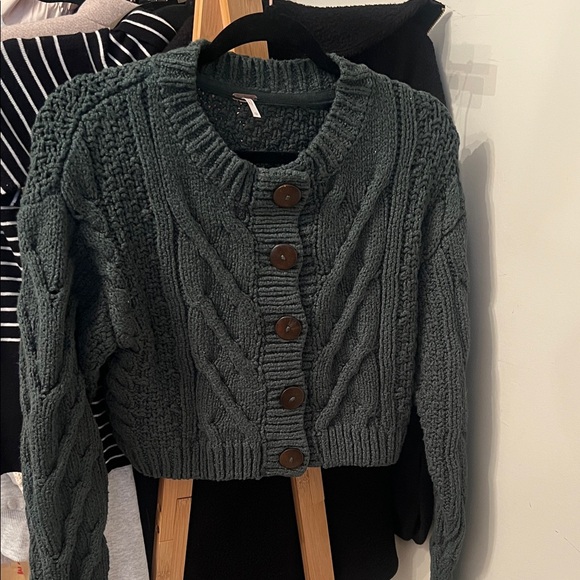 Free People Sweaters - Free People Dark Green Cable Knit Button Front Cardigan